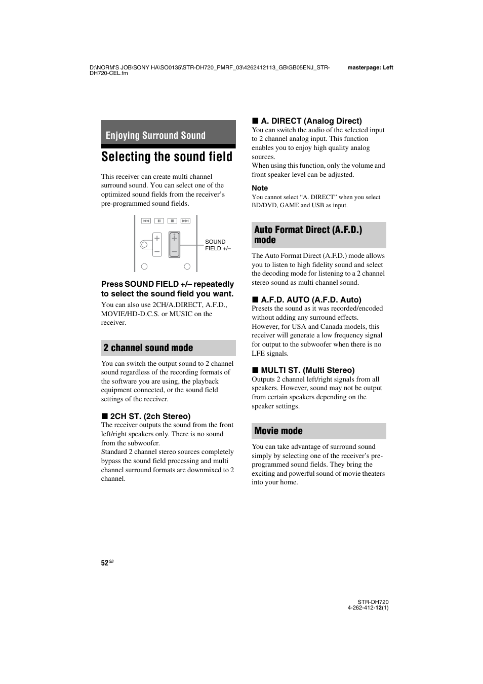 Enjoying surround sound, Selecting the sound field, Enjoying surround sound 2 channel sound mode | Auto format direct (a.f.d.) mode movie mode | Sony STR-DH720HP User Manual | Page 52 / 88