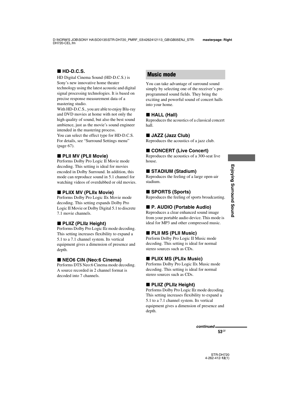 Music mode | Sony STR-DH720HP User Manual | Page 53 / 88