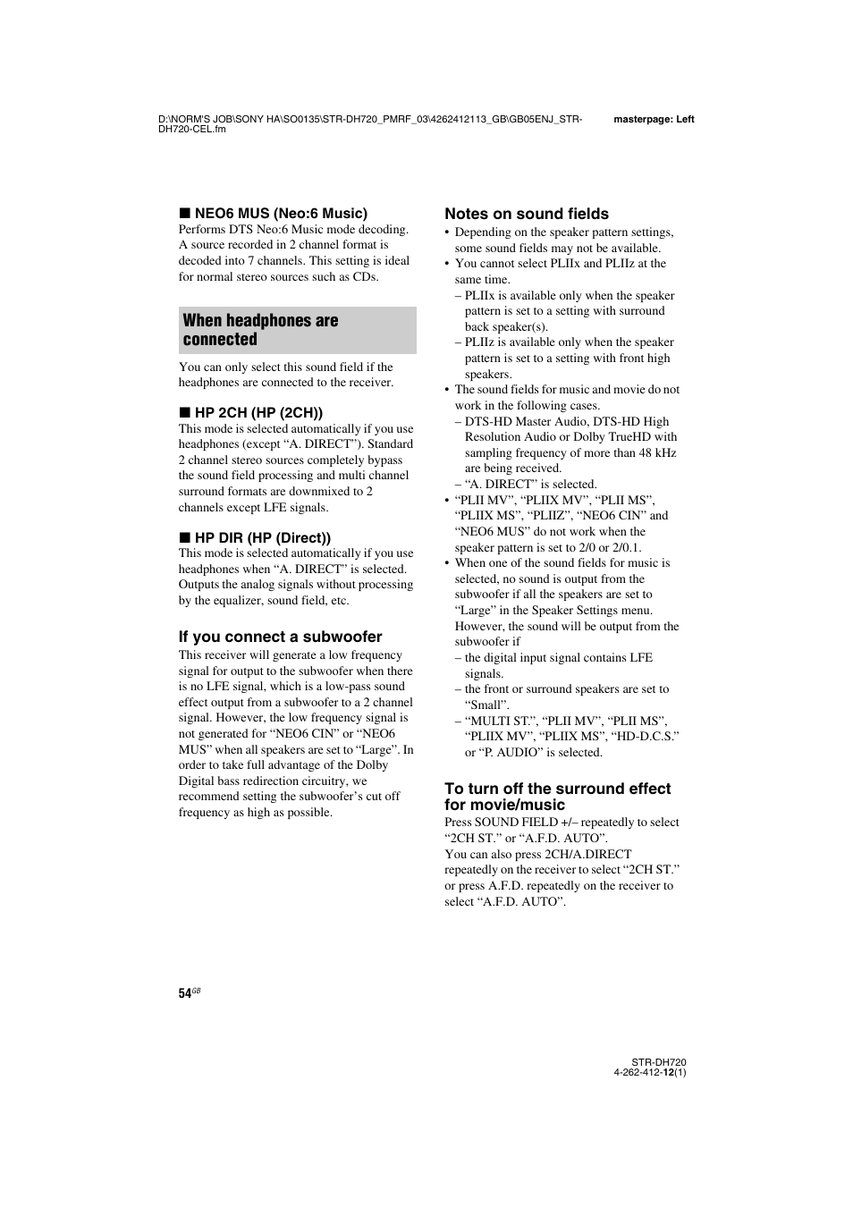 When headphones are connected | Sony STR-DH720HP User Manual | Page 54 / 88