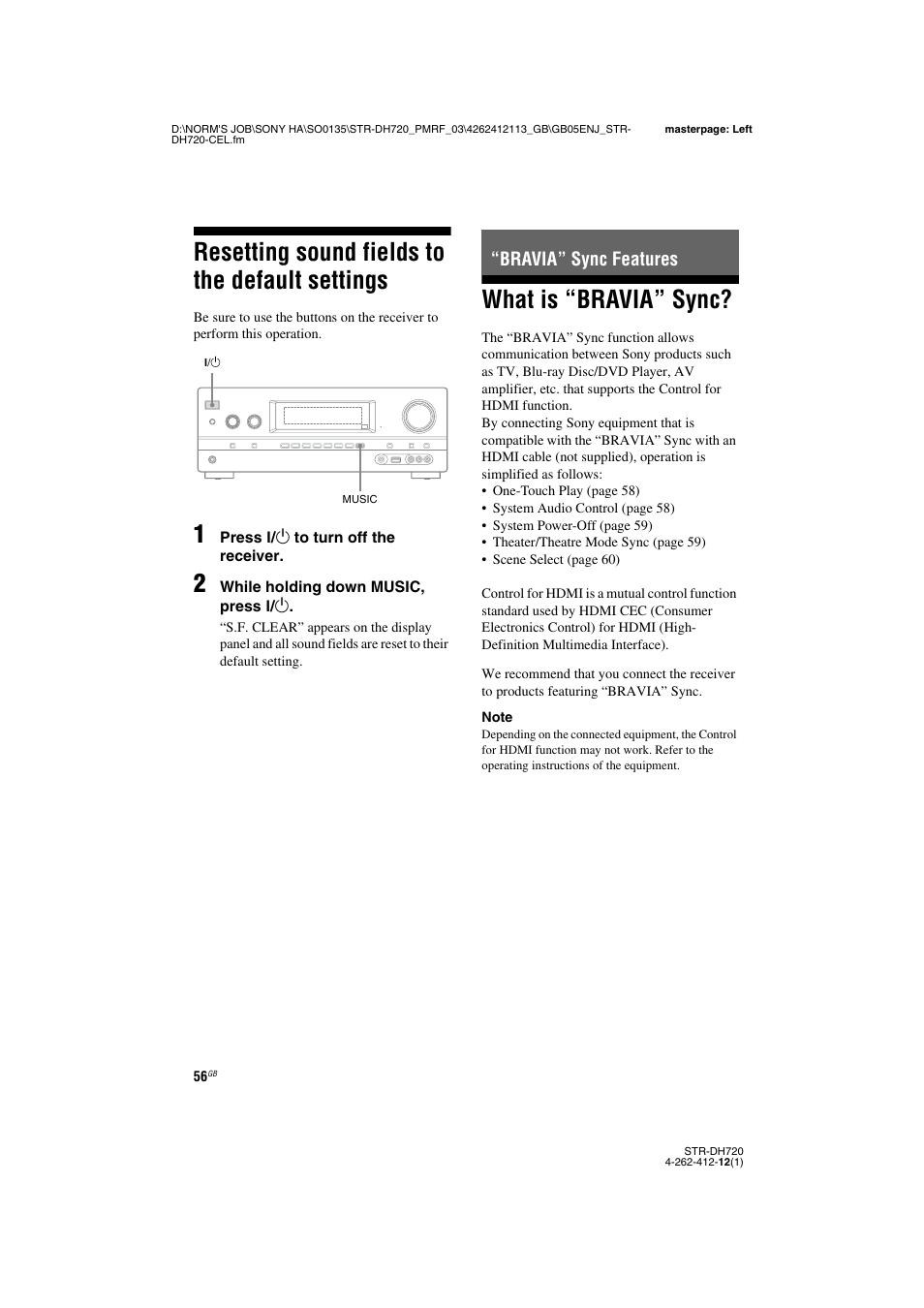 Resetting sound fields to the default settings, Bravia” sync features, What is “bravia” sync | Resetting sound fields to the default, Settings | Sony STR-DH720HP User Manual | Page 56 / 88