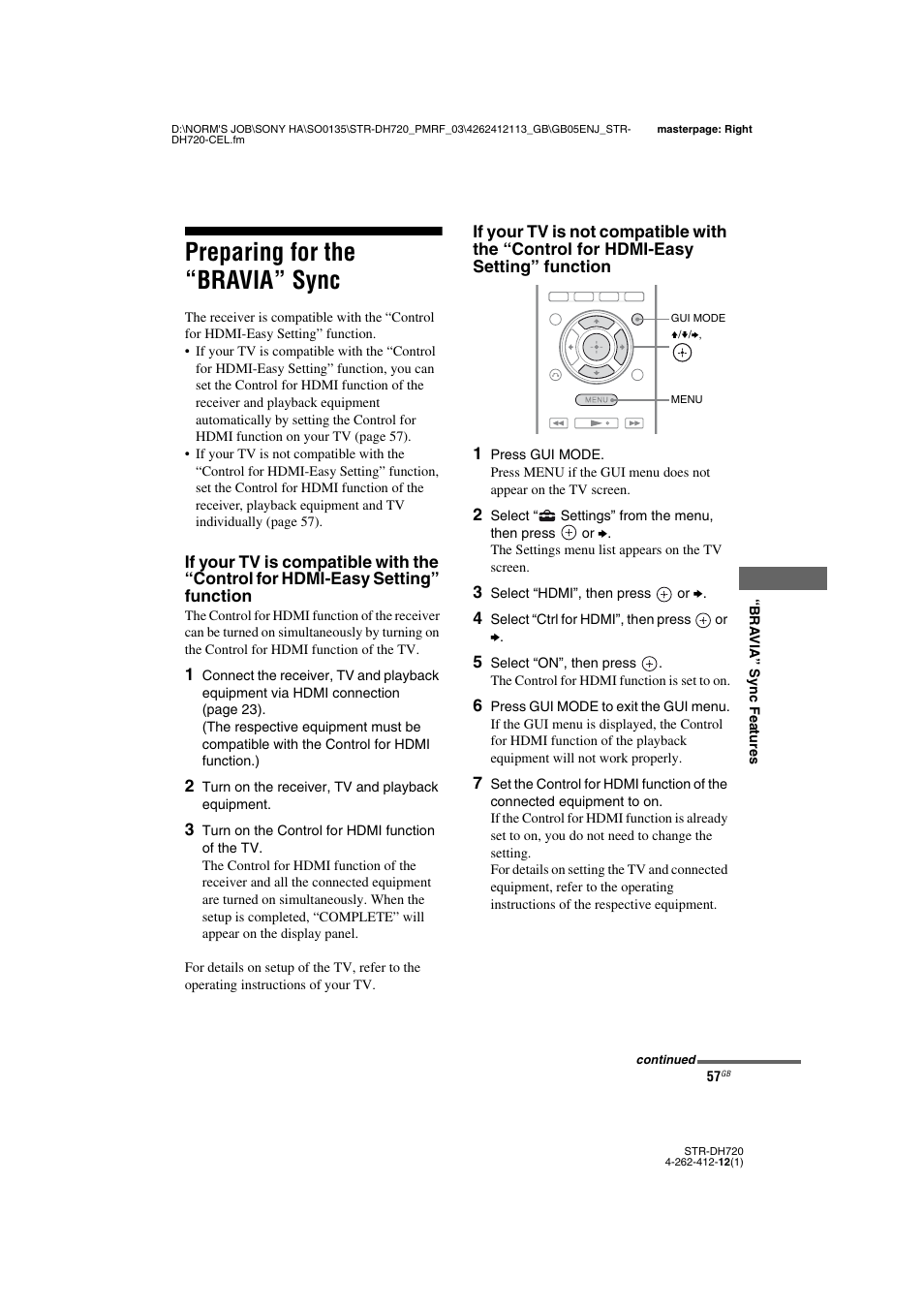 Preparing for the “bravia” sync | Sony STR-DH720HP User Manual | Page 57 / 88