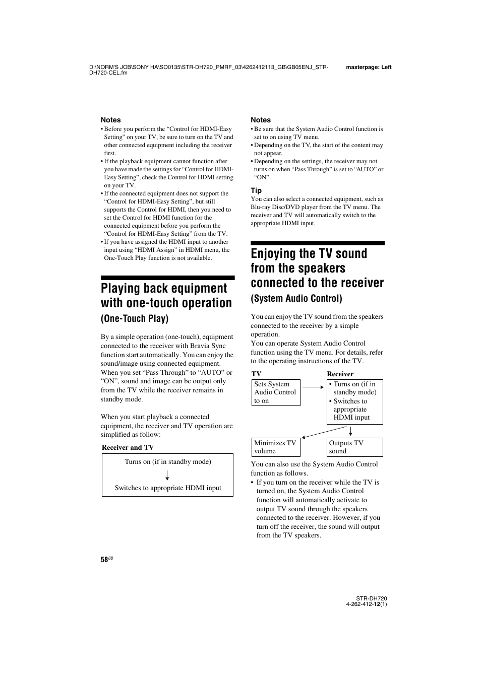 Playing back equipment with one-touch, Operation (one-touch play), Enjoying the tv sound from the speakers | Connected to the receiver, System audio control), Playing back equipment with one-touch operation, One-touch play) | Sony STR-DH720HP User Manual | Page 58 / 88