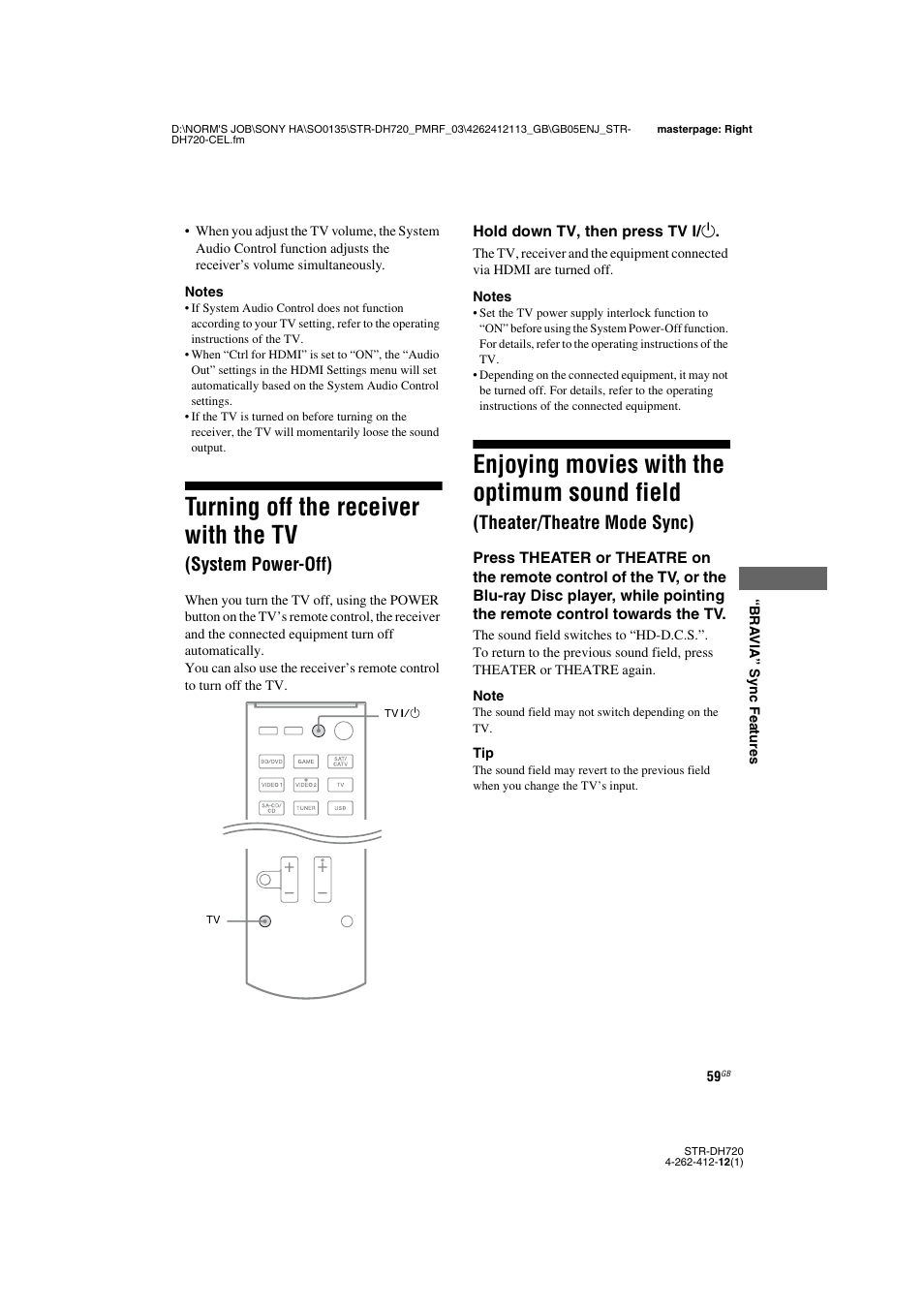 Turning off the receiver with the tv, System power-off), Enjoying movies with the optimum sound | Field (theater/theatre mode sync), Enjoying movies with the optimum sound field, Theater/theatre mode sync) | Sony STR-DH720HP User Manual | Page 59 / 88