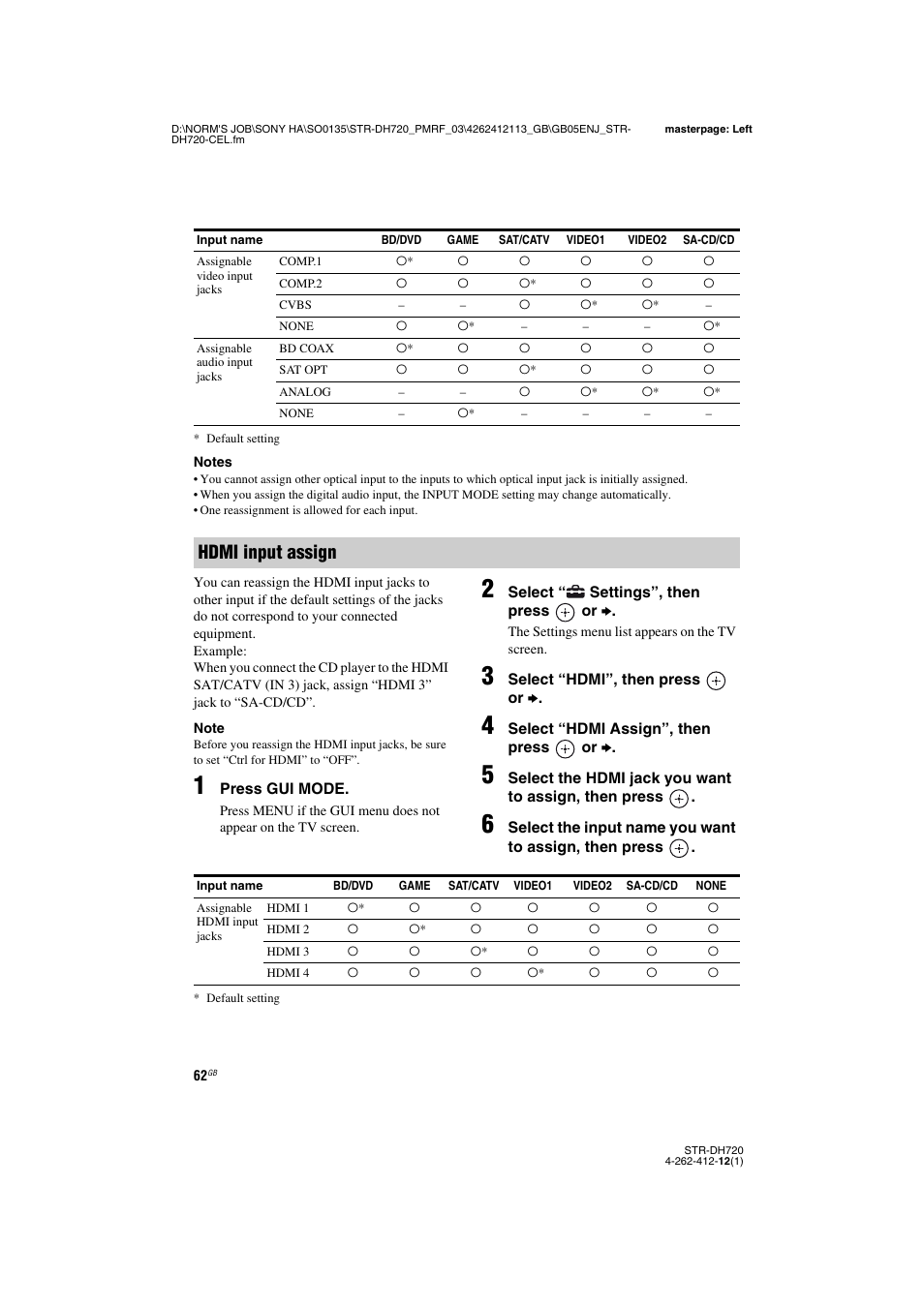 Hdmi input assign | Sony STR-DH720HP User Manual | Page 62 / 88