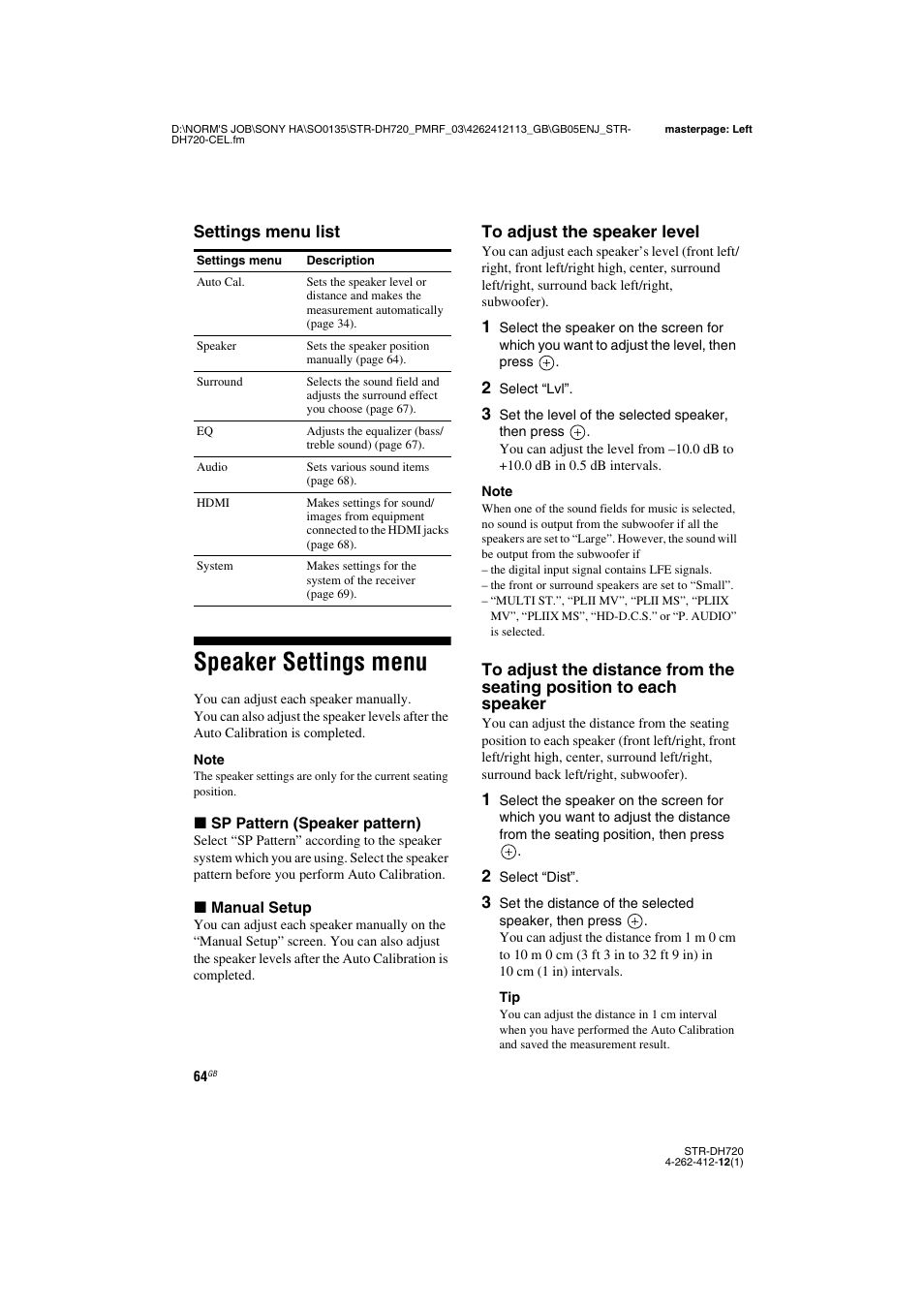 Speaker settings menu | Sony STR-DH720HP User Manual | Page 64 / 88