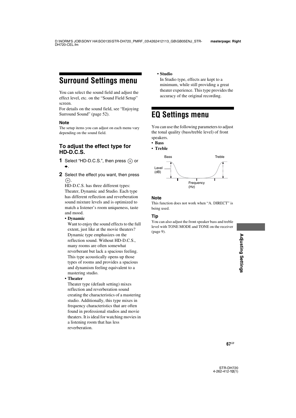 Surround settings menu, Eq settings menu, Surround settings menu eq settings menu | Sony STR-DH720HP User Manual | Page 67 / 88