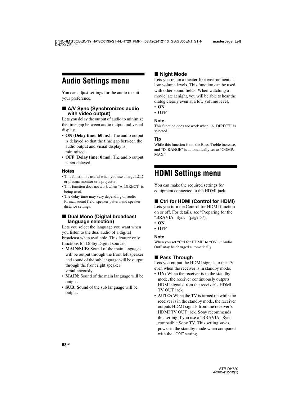 Audio settings menu, Hdmi settings menu, Audio settings menu hdmi settings menu | Sony STR-DH720HP User Manual | Page 68 / 88