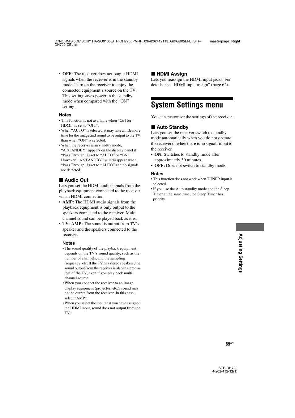 System settings menu | Sony STR-DH720HP User Manual | Page 69 / 88