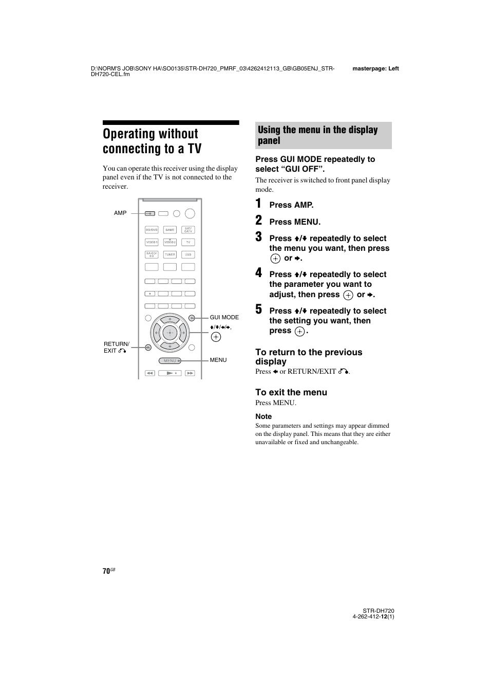 Operating without connecting to a tv, Using the menu in the display panel | Sony STR-DH720HP User Manual | Page 70 / 88