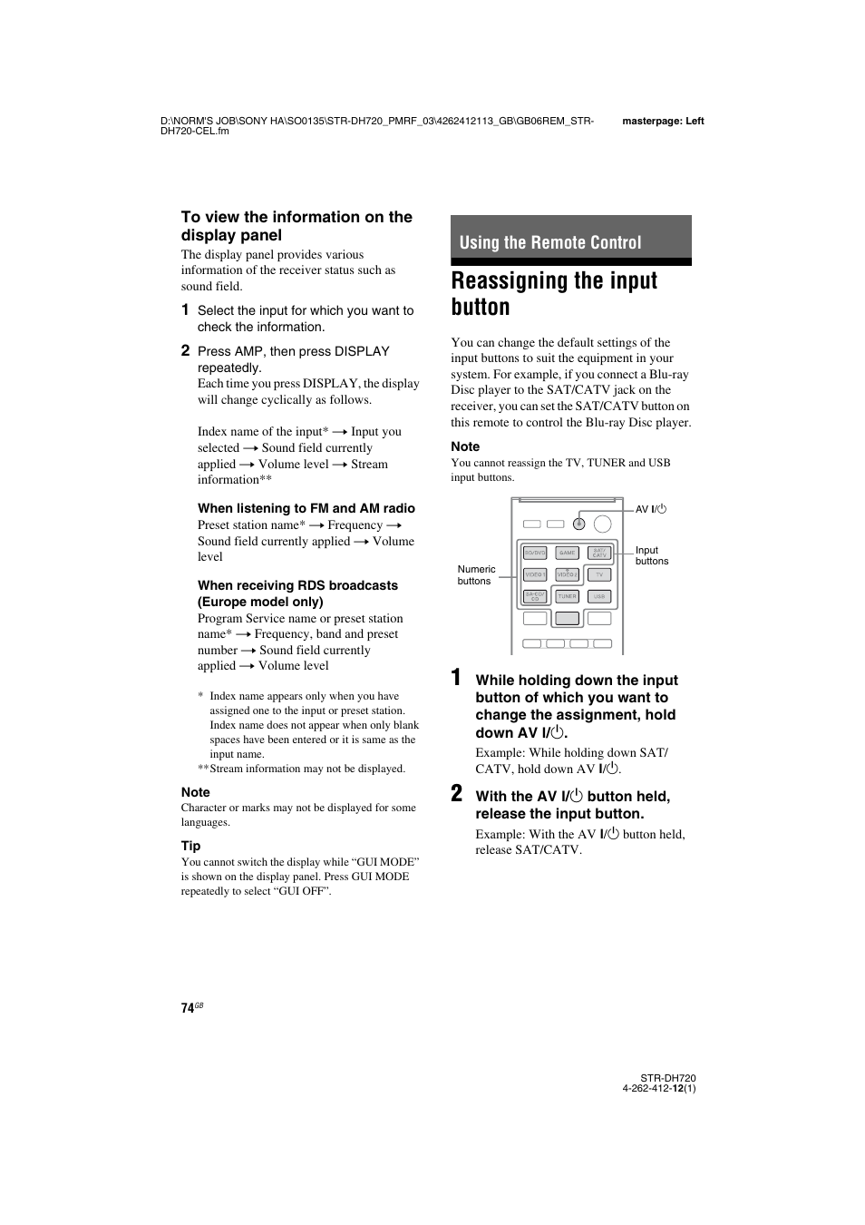 Using the remote control, Reassigning the input button | Sony STR-DH720HP User Manual | Page 74 / 88