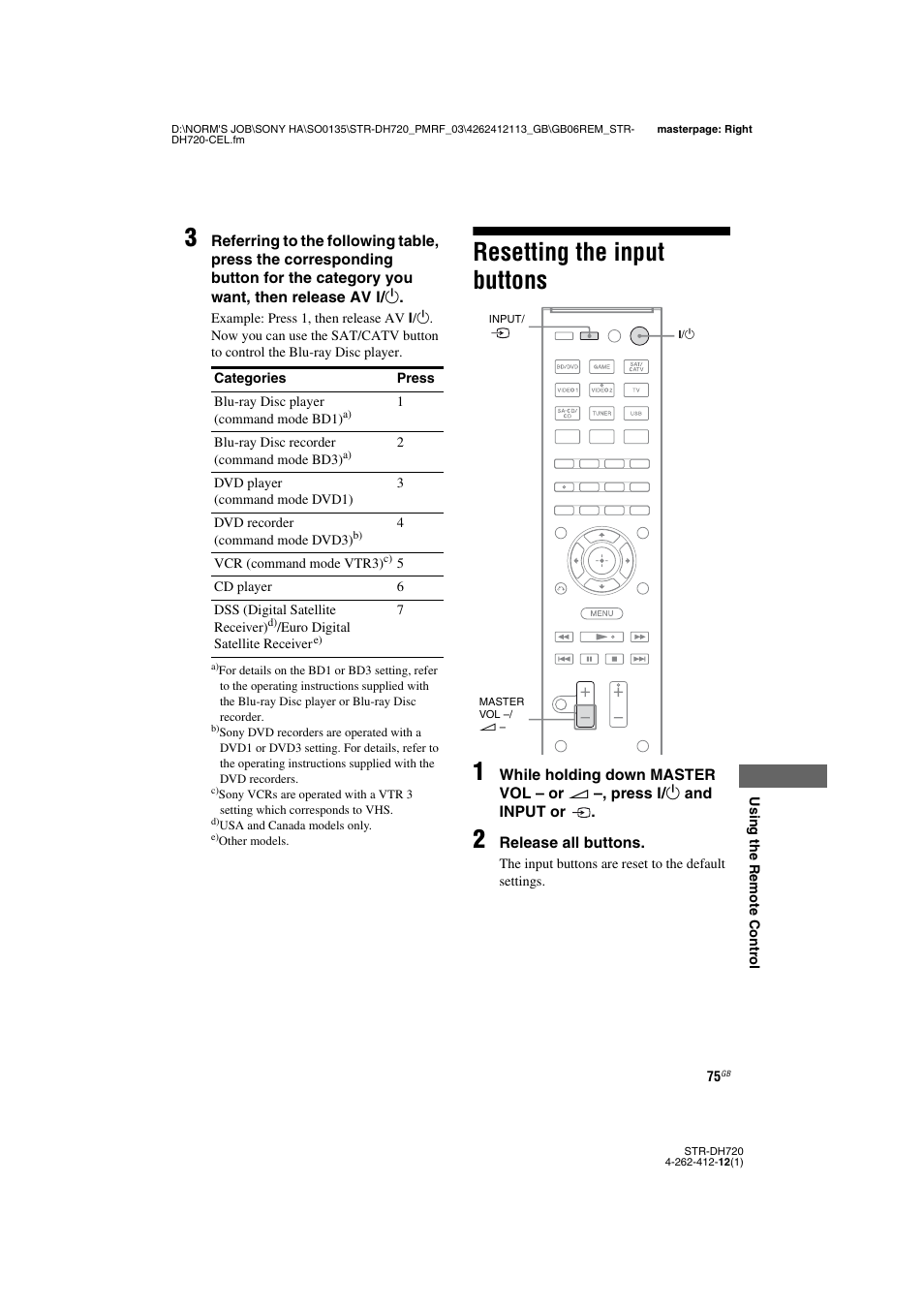 Resetting the input buttons, Resetting the input buttons 1 | Sony STR-DH720HP User Manual | Page 75 / 88