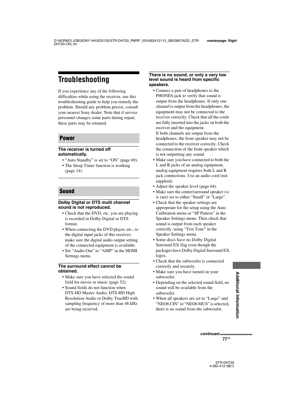 Troubleshooting, Power sound | Sony STR-DH720HP User Manual | Page 77 / 88