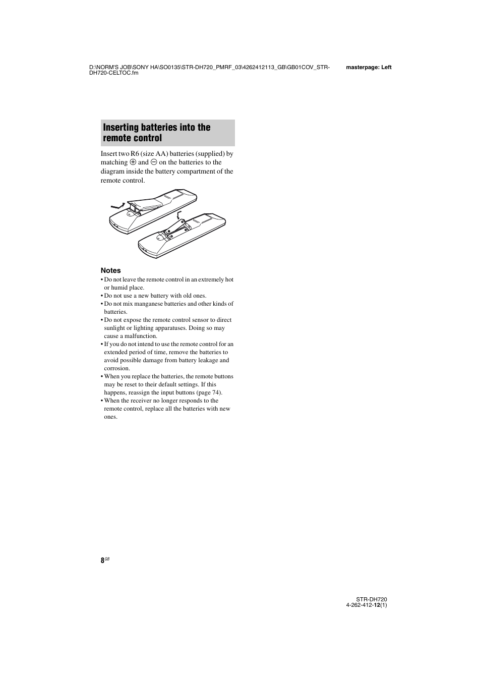 Inserting batteries into the remote control | Sony STR-DH720HP User Manual | Page 8 / 88