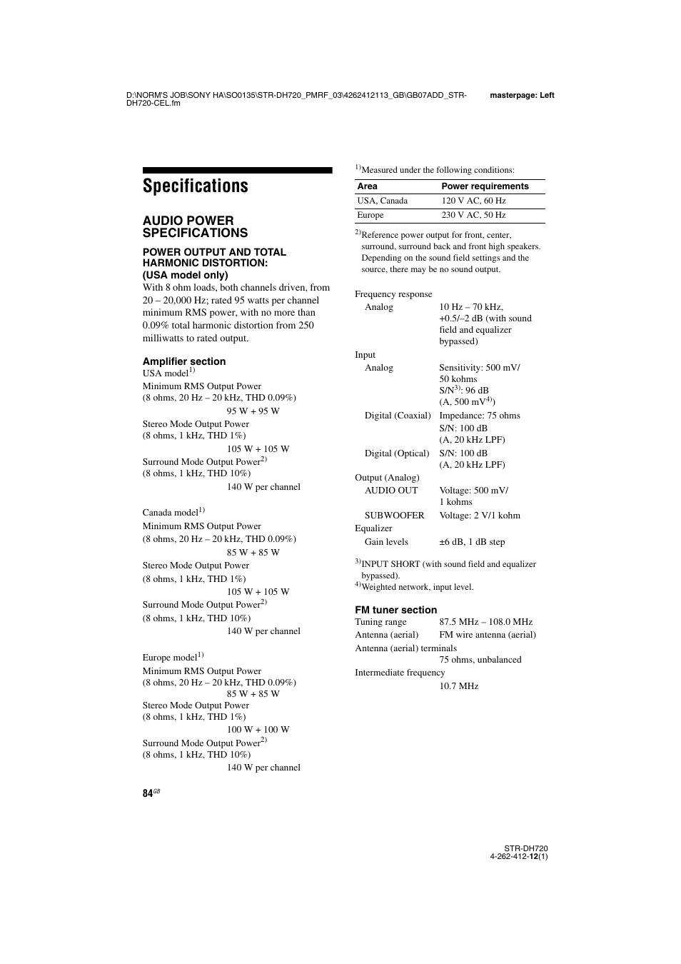 Specifications, Audio power specifications | Sony STR-DH720HP User Manual | Page 84 / 88