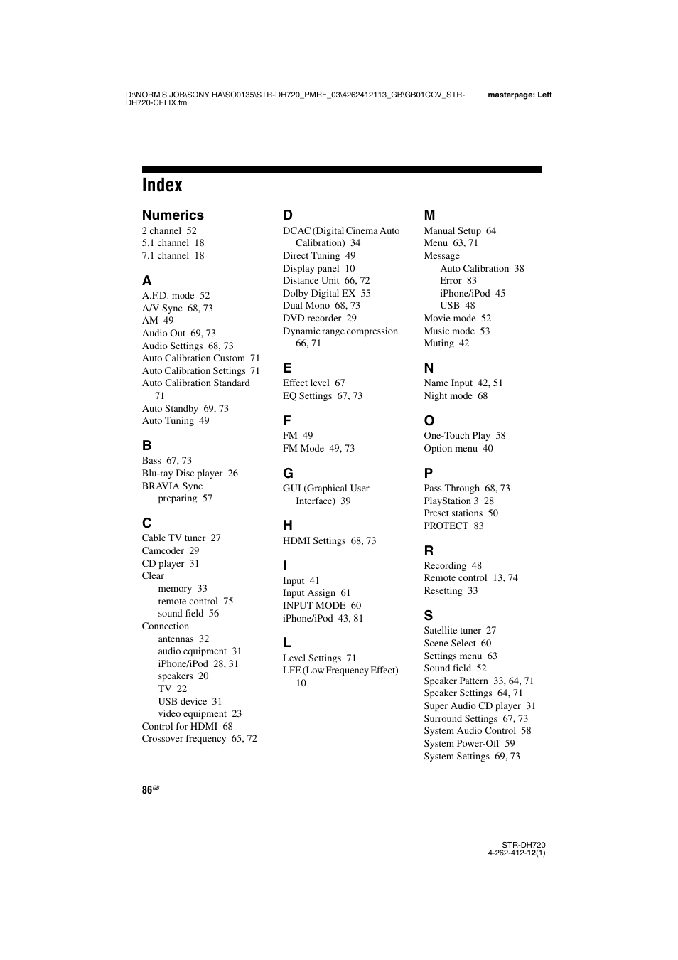 Index, Numerics | Sony STR-DH720HP User Manual | Page 86 / 88