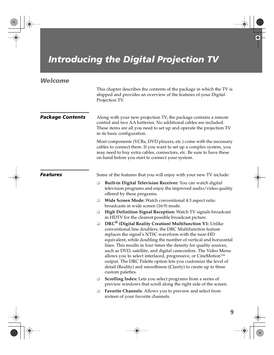 Introducing the digital projection tv, Welcome, Package contents | Features, Package contents features | Sony KDP-51WS550 User Manual | Page 10 / 122