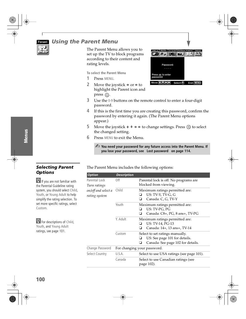 Using the parent menu, Selecting parent options | Sony KDP-51WS550 User Manual | Page 101 / 122