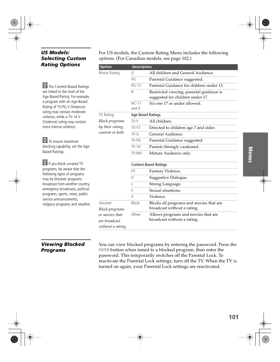 Us models: selecting custom rating options, Viewing blocked programs | Sony KDP-51WS550 User Manual | Page 102 / 122