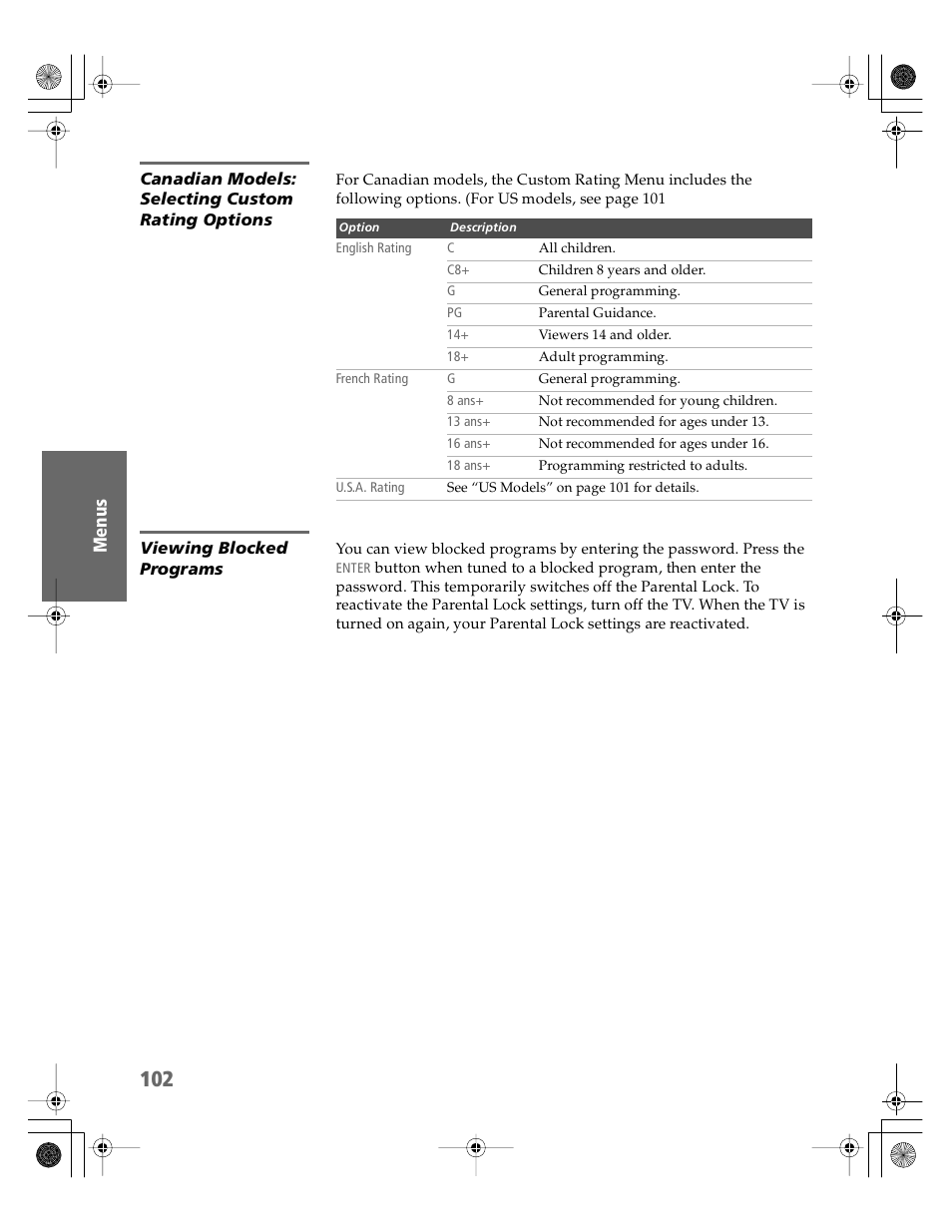 Canadian models: selecting custom rating options, Viewing blocked programs | Sony KDP-51WS550 User Manual | Page 103 / 122