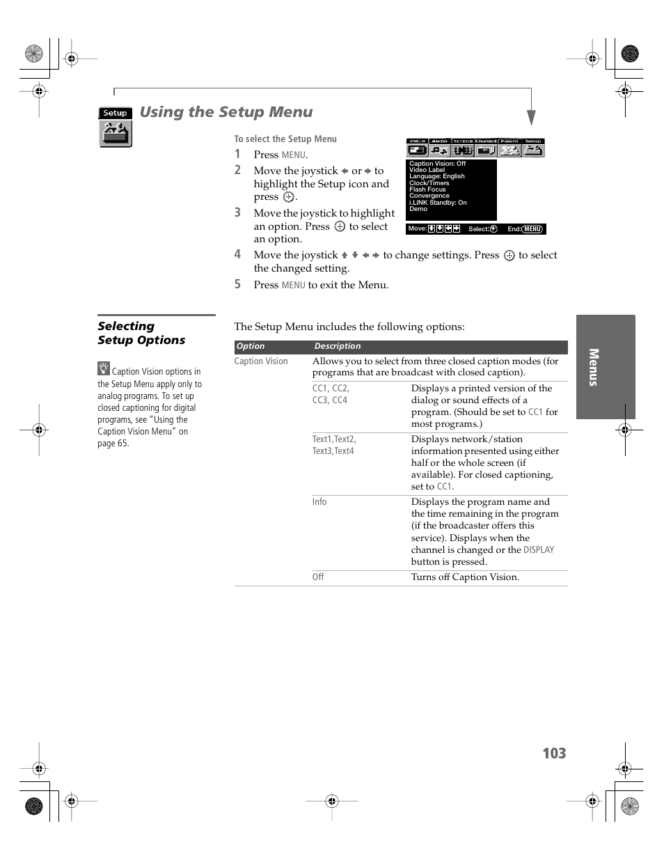 Using the setup menu, Selecting setup options | Sony KDP-51WS550 User Manual | Page 104 / 122