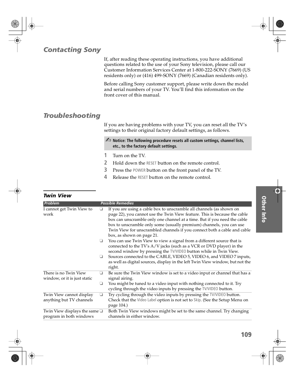 Contacting sony, Troubleshooting, Twin view | Contacting sony troubleshooting | Sony KDP-51WS550 User Manual | Page 110 / 122