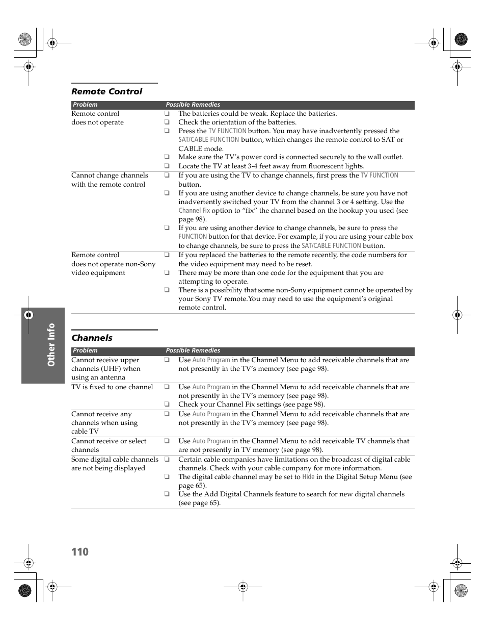 Remote control, Channels | Sony KDP-51WS550 User Manual | Page 111 / 122