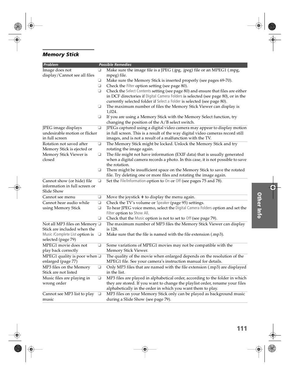 Memory stick | Sony KDP-51WS550 User Manual | Page 112 / 122