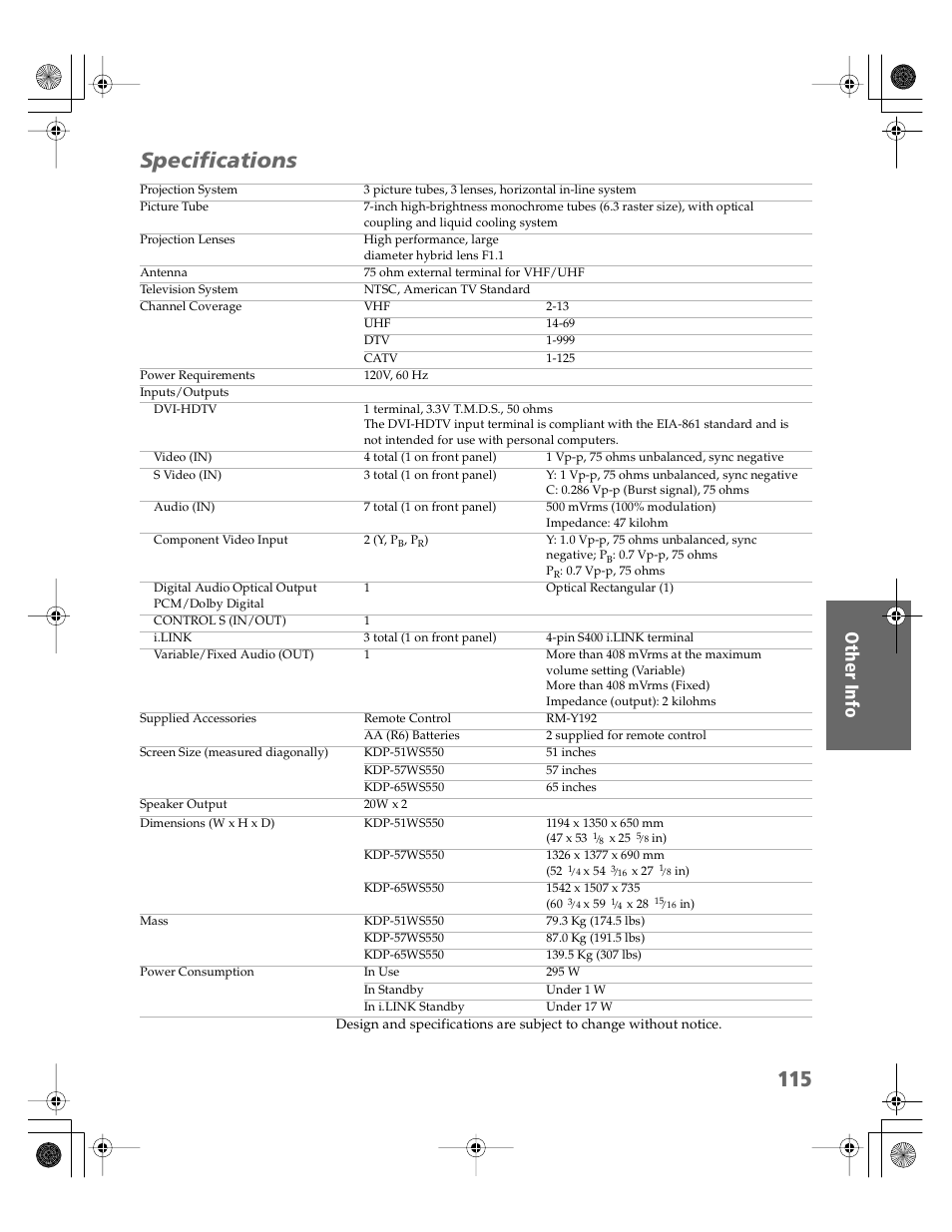 Specifications | Sony KDP-51WS550 User Manual | Page 116 / 122