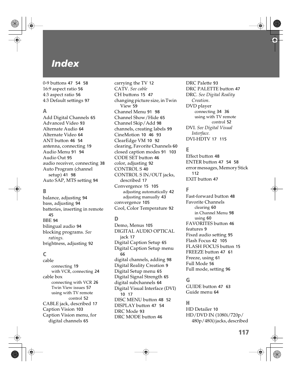 Index | Sony KDP-51WS550 User Manual | Page 118 / 122