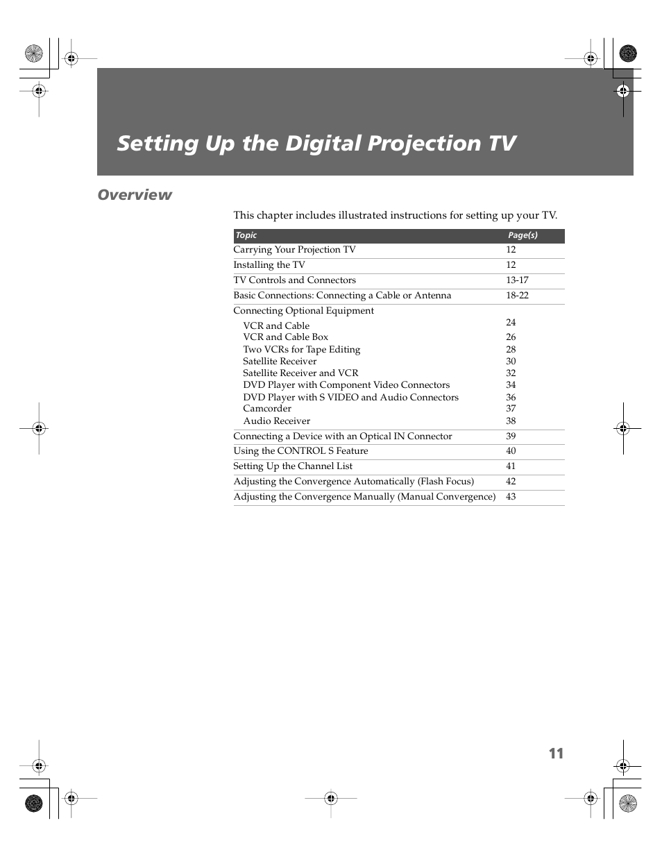 Setting up the digital projection tv, Overview | Sony KDP-51WS550 User Manual | Page 12 / 122