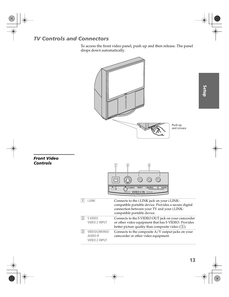 Tv controls and connectors, Front video controls | Sony KDP-51WS550 User Manual | Page 14 / 122