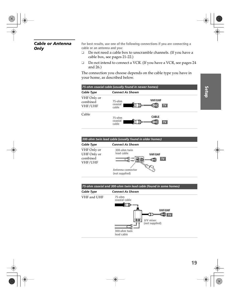 Cable or antenna only | Sony KDP-51WS550 User Manual | Page 20 / 122