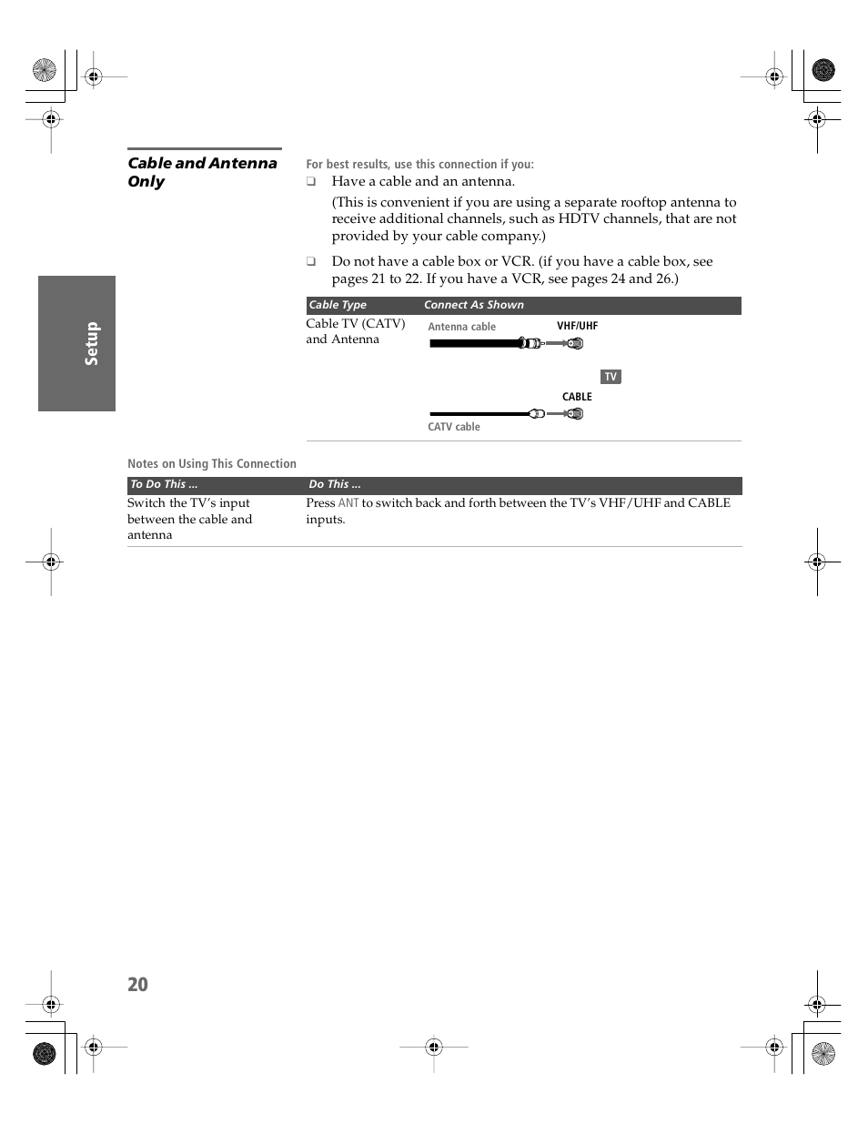 Cable and antenna only | Sony KDP-51WS550 User Manual | Page 21 / 122