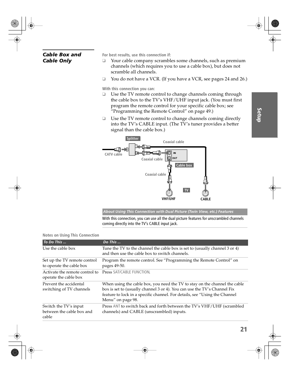 Cable box and cable only | Sony KDP-51WS550 User Manual | Page 22 / 122