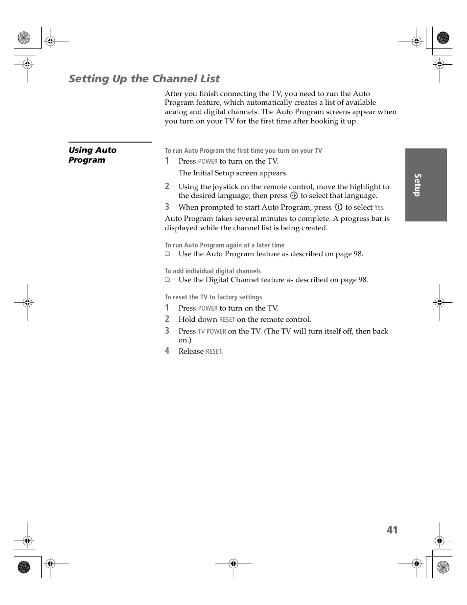 Setting up the channel list, Using auto program | Sony KDP-51WS550 User Manual | Page 42 / 122