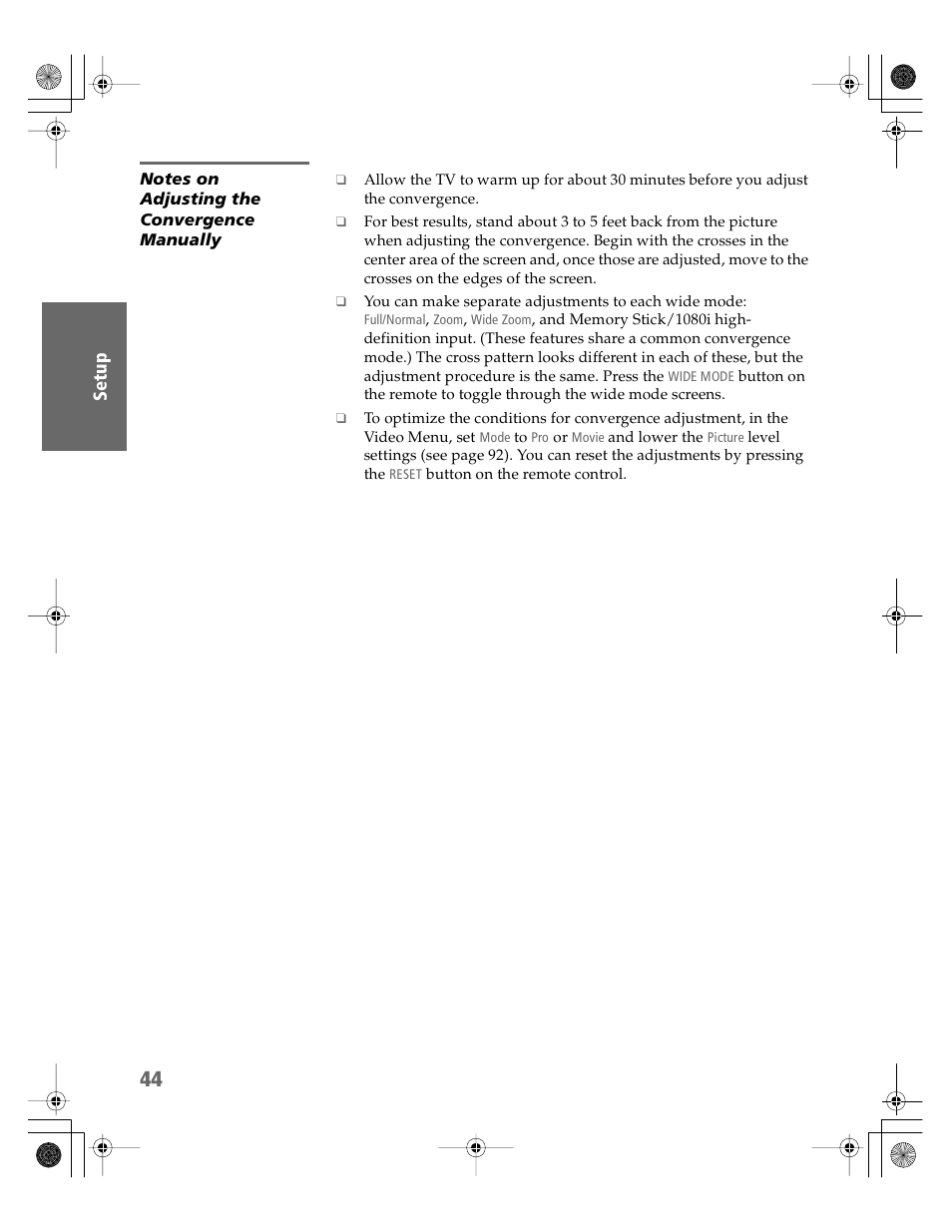 Notes on adjusting the convergence manually | Sony KDP-51WS550 User Manual | Page 45 / 122