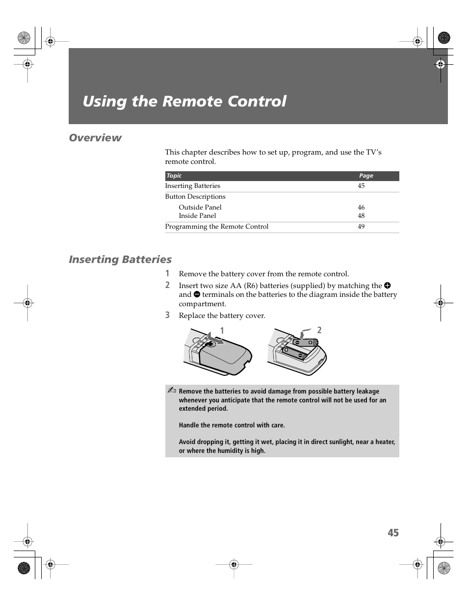 Using the remote control, Overview, Inserting batteries | Overview inserting batteries | Sony KDP-51WS550 User Manual | Page 46 / 122