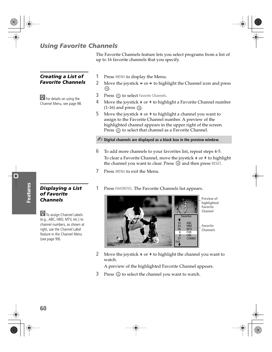 Using favorite channels, Creating a list of favorite channels, Displaying a list of favorite channels | Sony KDP-51WS550 User Manual | Page 61 / 122