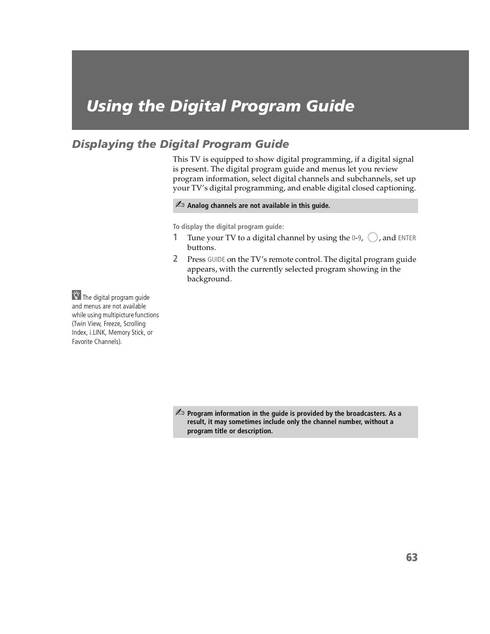 Using the digital program guide, Displaying the digital program guide | Sony KDP-51WS550 User Manual | Page 64 / 122