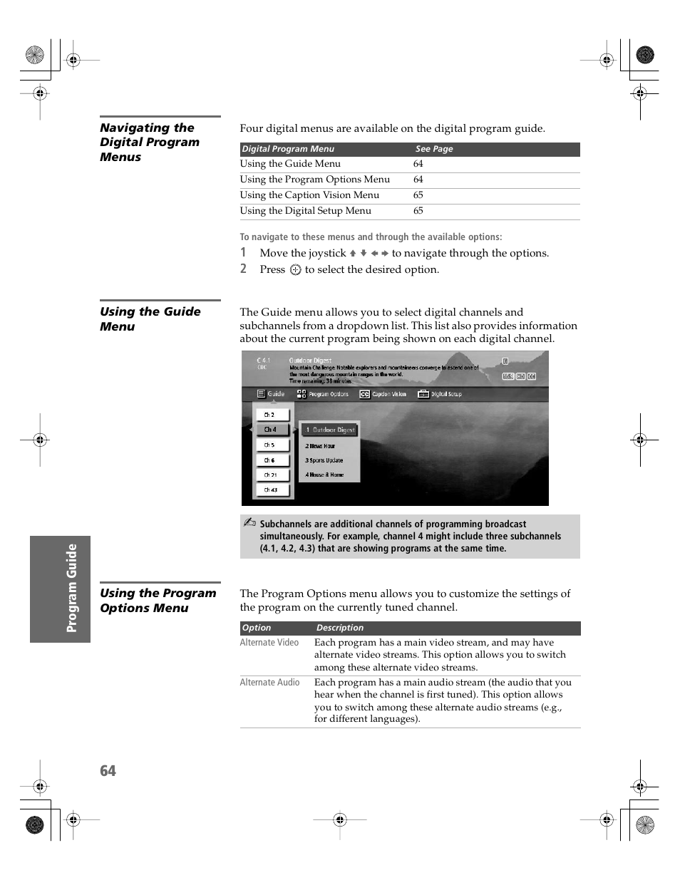 Navigating the digital program menus, Using the guide menu, Using the program options menu | Sony KDP-51WS550 User Manual | Page 65 / 122