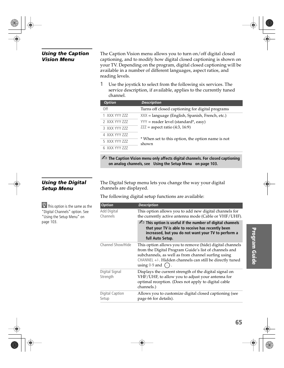 Using the caption vision menu, Using the digital setup menu | Sony KDP-51WS550 User Manual | Page 66 / 122