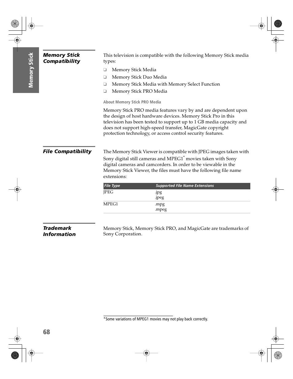 Memory stick compatibility, File compatibility, Trademark information | Sony KDP-51WS550 User Manual | Page 69 / 122