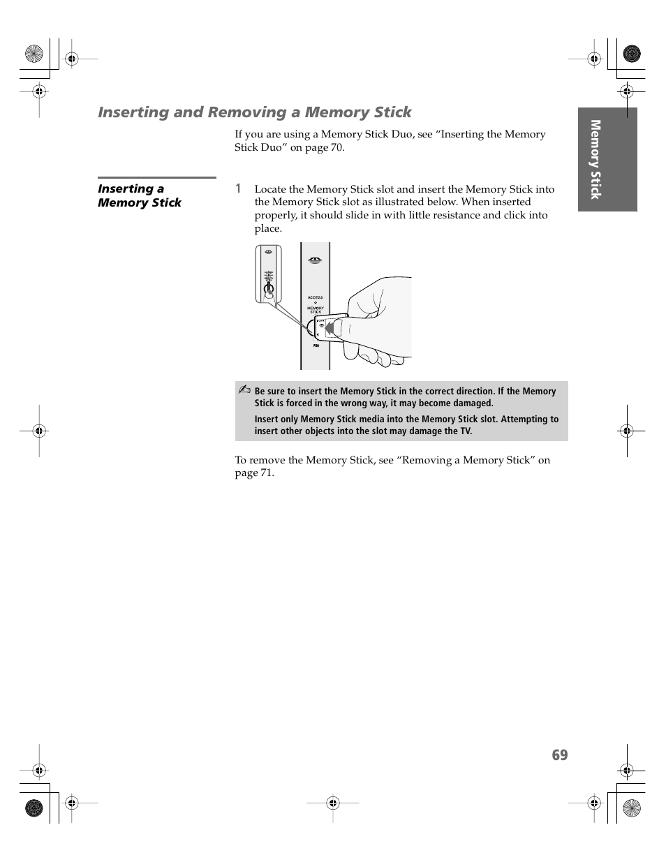 Inserting and removing a memory stick, Inserting a memory stick | Sony KDP-51WS550 User Manual | Page 70 / 122