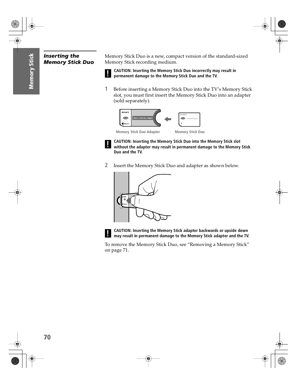 Inserting the memory stick duo | Sony KDP-51WS550 User Manual | Page 71 / 122