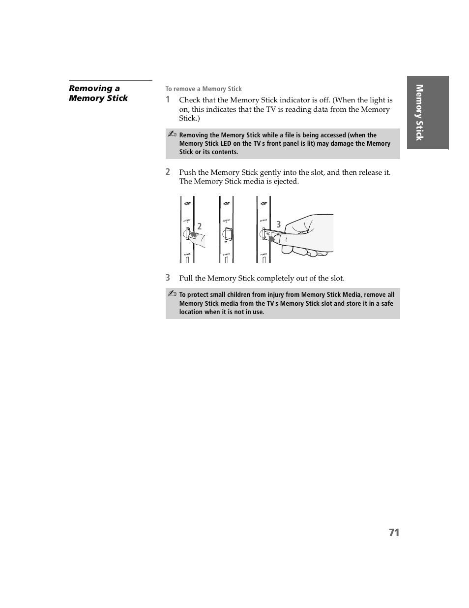 Removing a memory stick | Sony KDP-51WS550 User Manual | Page 72 / 122