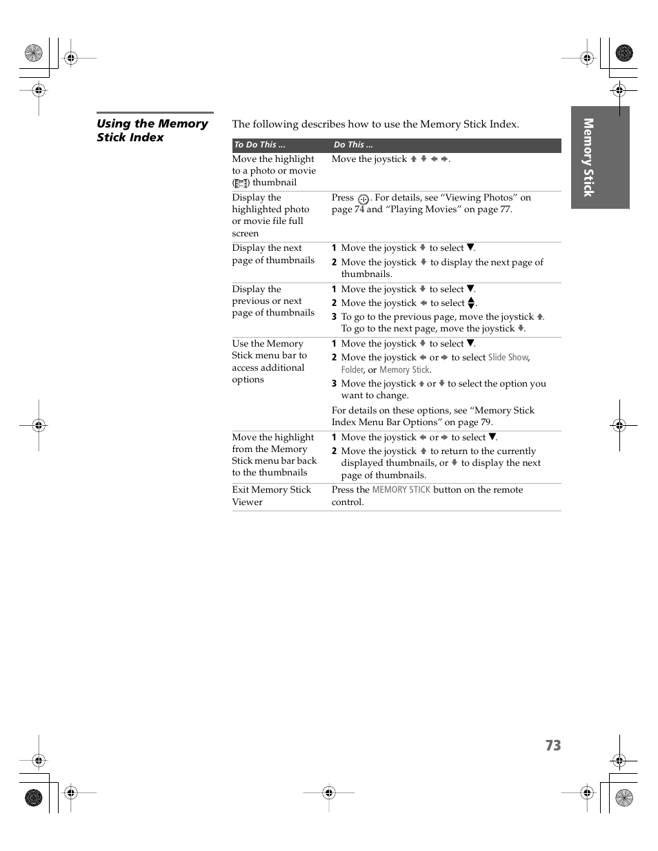 Using the memory stick index | Sony KDP-51WS550 User Manual | Page 74 / 122