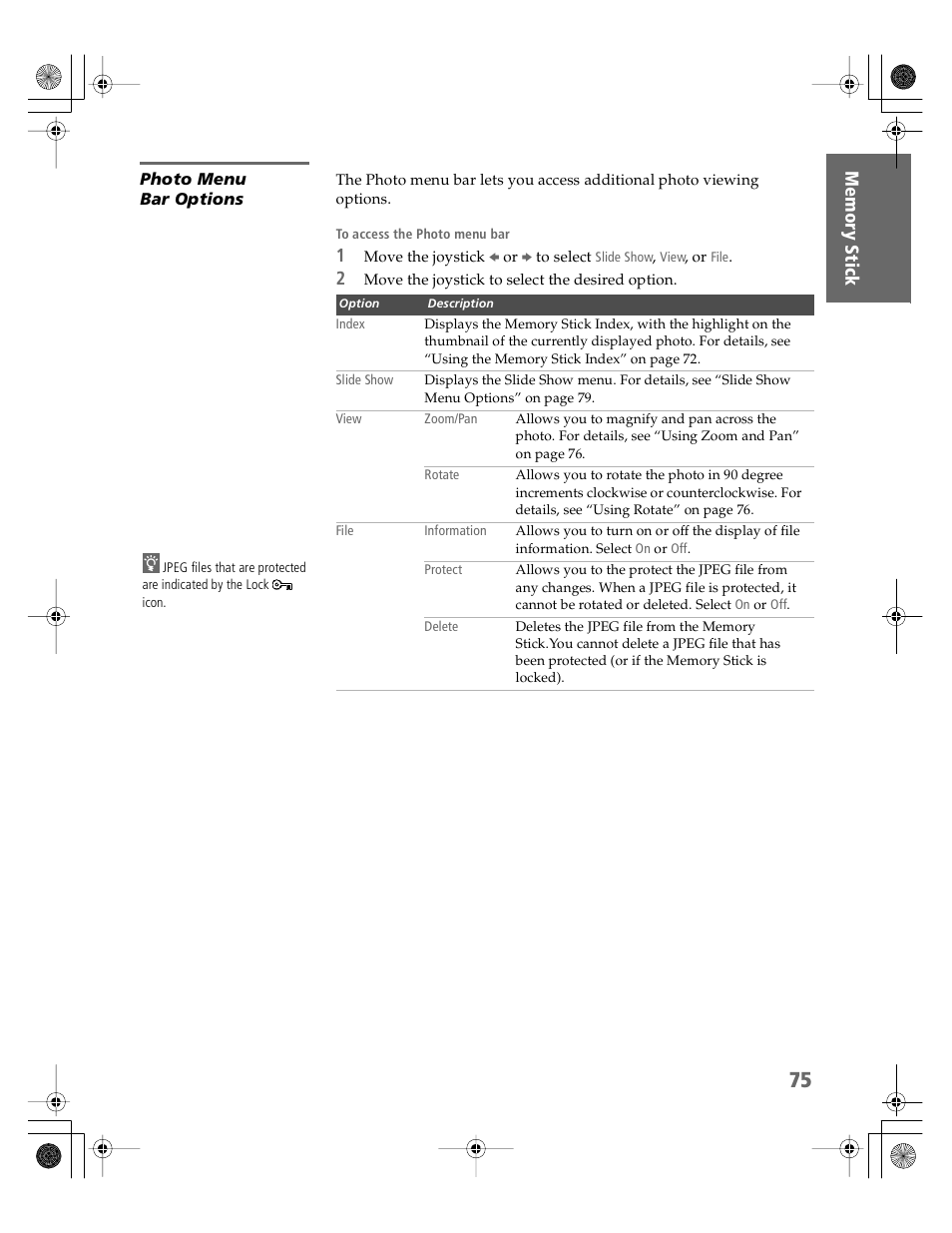 Photo menu bar options | Sony KDP-51WS550 User Manual | Page 76 / 122