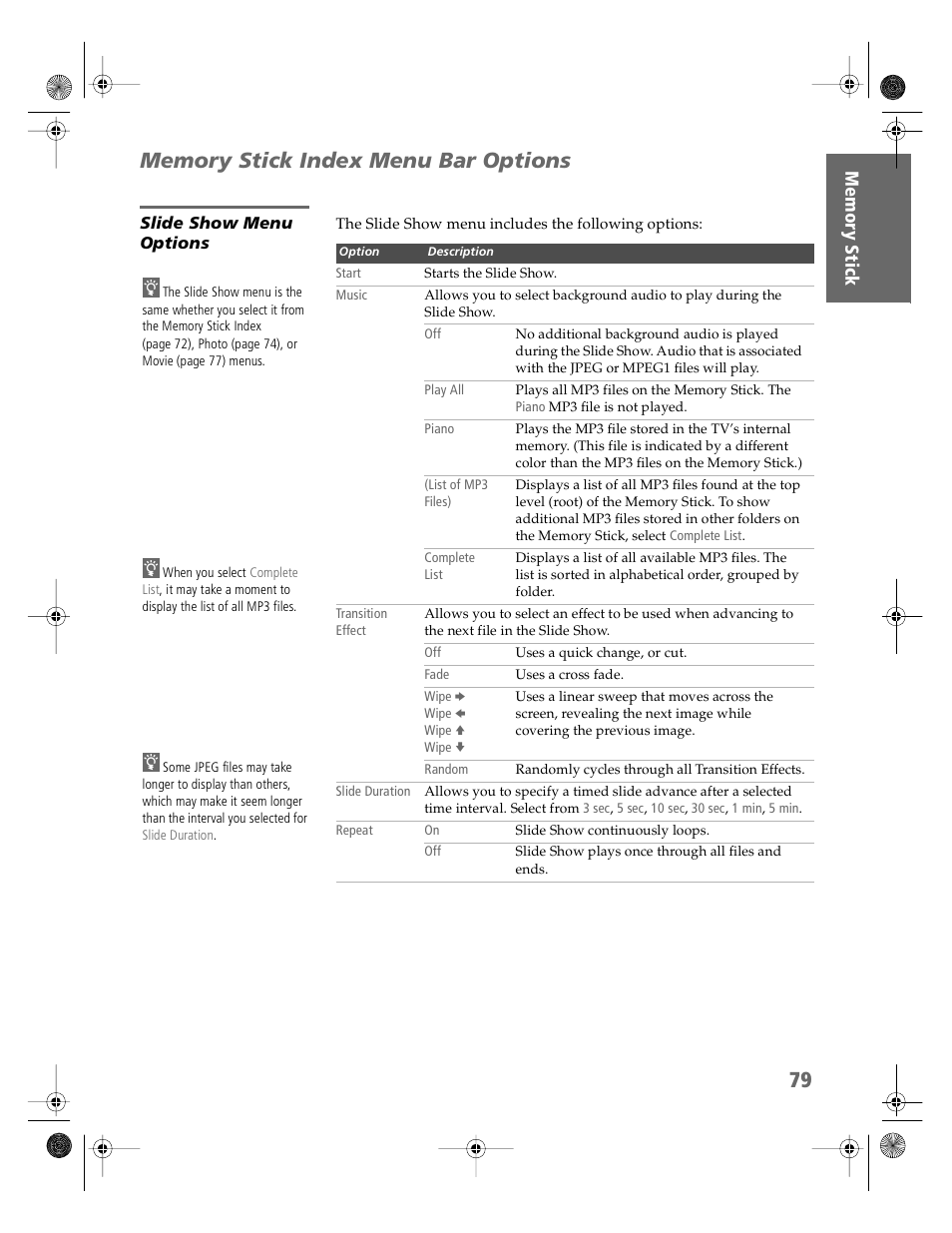 Memory stick index menu bar options, Slide show menu options | Sony KDP-51WS550 User Manual | Page 80 / 122