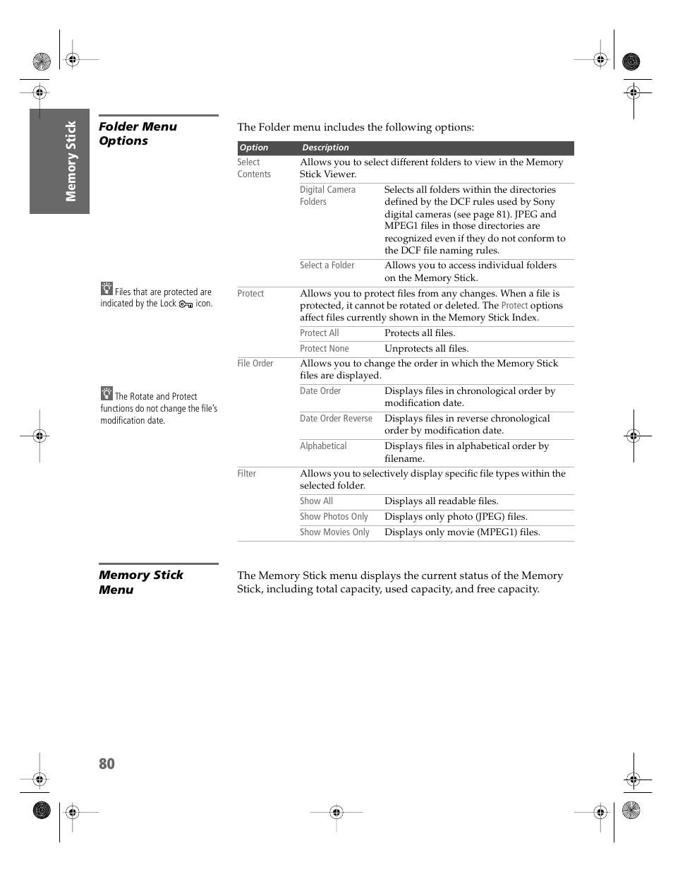 Folder menu options, Memory stick menu | Sony KDP-51WS550 User Manual | Page 81 / 122