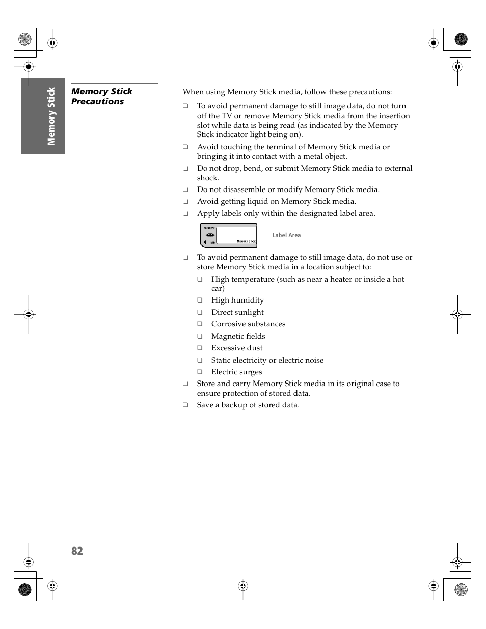 Memory stick precautions | Sony KDP-51WS550 User Manual | Page 83 / 122